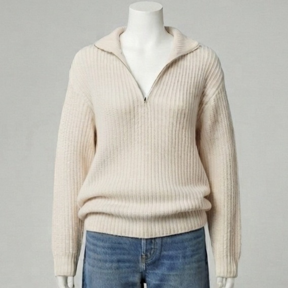 NA-KD High Neck Zipped Knitted Sweater Cream Off White Ribbed Half Zip Small